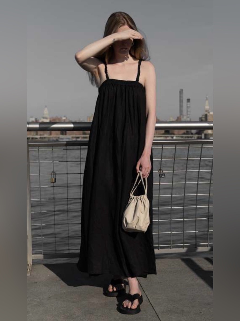 deiji studios the box pleat dress 100% Linen Full Length XS Black Quiet Luxury